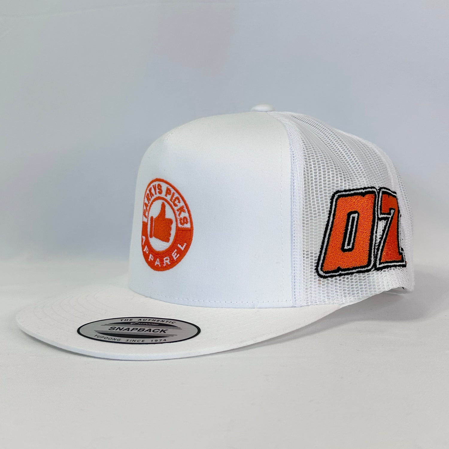 Fresh White Nic Ramsay Racing #07 Trucker Hat, Authentic Yupoong, showing the front logo and full stitching.