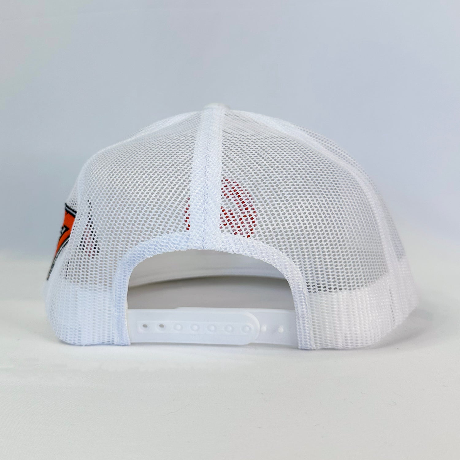 Fresh White Nic Ramsay Racing #07 Trucker Hat, Authentic Yupoong, showing the front logo and full stitching.