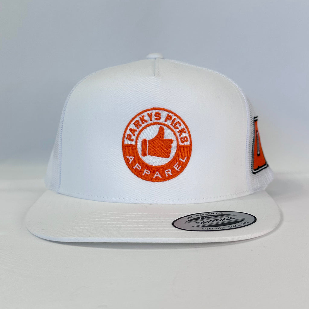 Fresh White Nic Ramsay Racing #07 Trucker Hat, Authentic Yupoong, showing the front logo and full stitching.