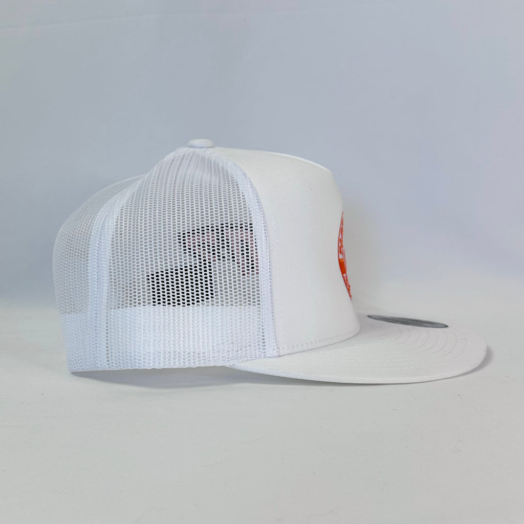 Fresh White Nic Ramsay Racing #07 Trucker Hat, Authentic Yupoong, showing the front logo and full stitching.