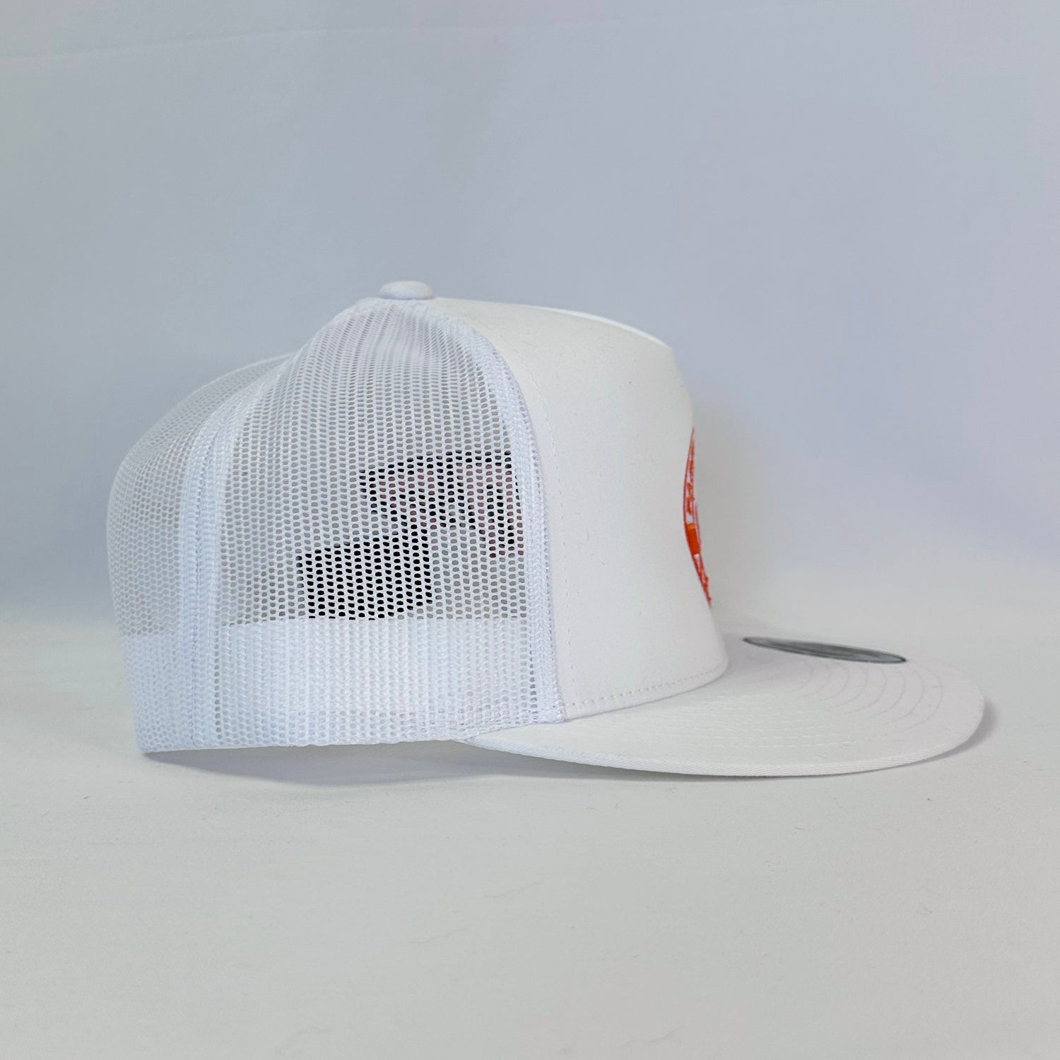 Fresh White Nic Ramsay Racing #07 Trucker Hat, Authentic Yupoong, showing the front logo and full stitching.
