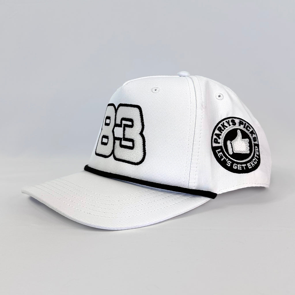 Parky’s Picks Rickwood Racing Race Day Hat #83 BJR Full White Premium Snapback with high-quality stitching.